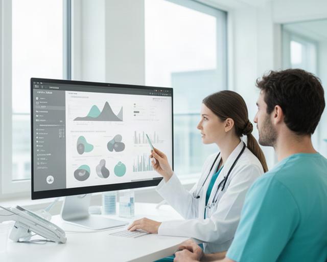 Ärztin und IT-Fachperson besprechen klinische Daten an einem Bildschirm in einem hellen Schweizer Spital